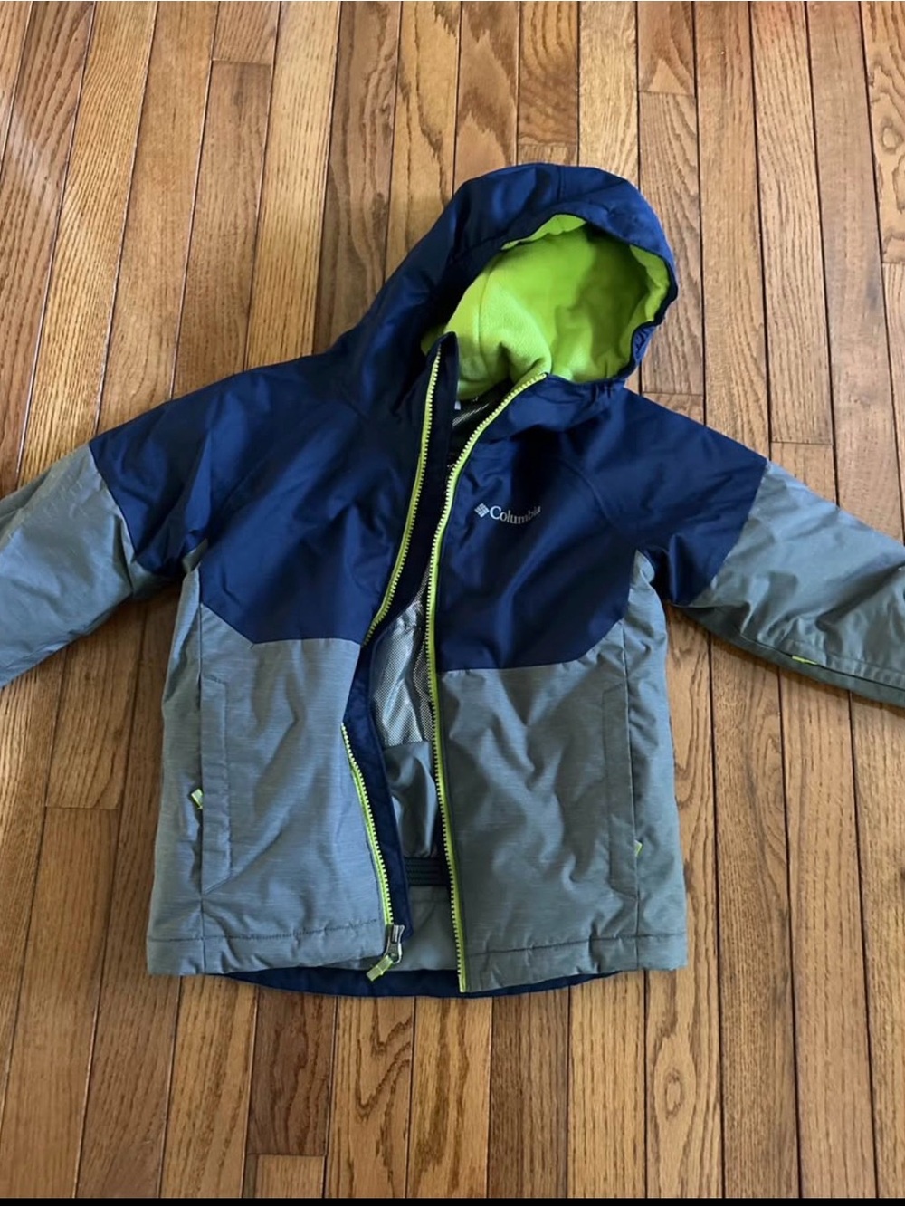 Columbia Boys' Navy and Gray Hooded Winter Jacket with Lime Lining sz XXS